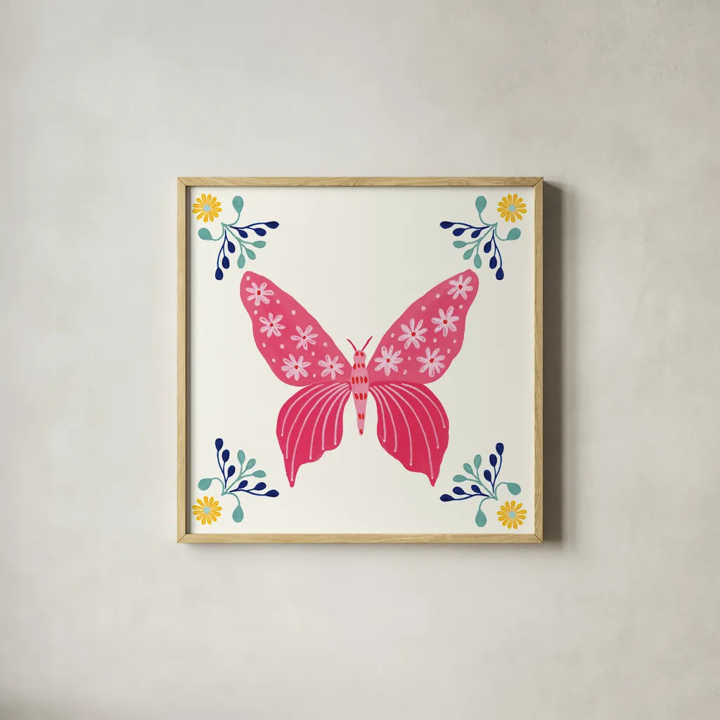 Folk Butterfly VI by Yvette St. Amant. Shown in a natural wood glass frame for a timeless modern aesthetic. Available as an archival giclee rolled canvas, fine art paper, or poster print. SKU 92336a.
