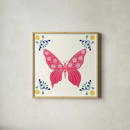 Folk Butterfly VI by Yvette St. Amant. Shown in a natural wood glass frame for a timeless modern aesthetic. Available as an archival giclee rolled canvas, fine art paper, or poster print. SKU 92336a.
