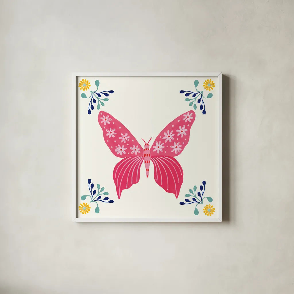 Folk Butterfly VI by Yvette St. Amant. Shown in a crisp white glass frame for a clean and minimalist style. Available as an archival giclee rolled canvas, fine art paper, or poster print. SKU 92336a.