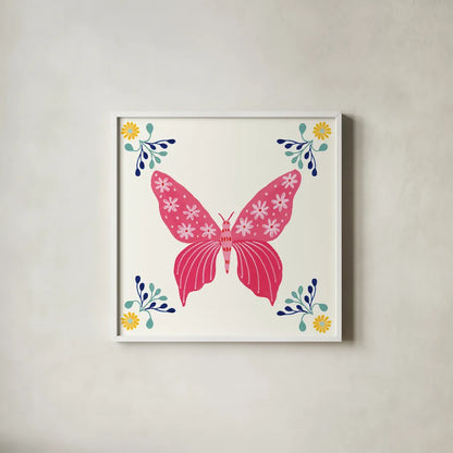 Folk Butterfly VI by Yvette St. Amant. Shown in a crisp white glass frame for a clean and minimalist style. Available as an archival giclee rolled canvas, fine art paper, or poster print. SKU 92336a.