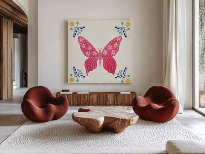 Folk Butterfly VI by Yvette St. Amant. Shown as extra-large giant wall art in a modern living room. Available as an archival giclee rolled canvas, fine art paper, or poster print. SKU 92336a.
