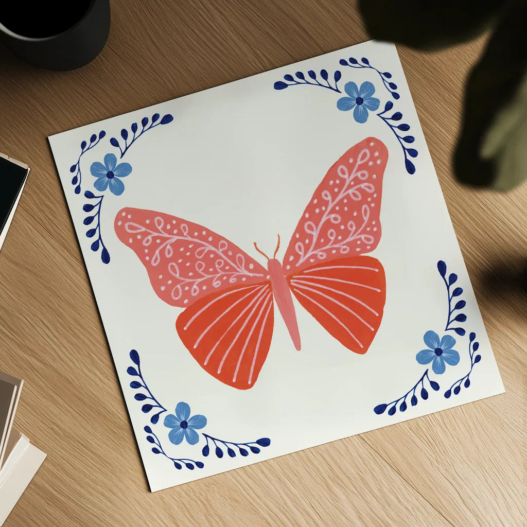 Folk Butterfly VII by Yvette St. Amant. Shown as a detailed flat fine art print, highlighting archival giclee quality. Available as an archival giclee rolled canvas, fine art paper, or poster print. SKU 92337a.