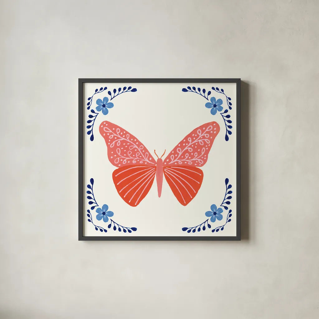 Folk Butterfly VII by Yvette St. Amant. Shown in a sleek black glass frame for a contemporary gallery look. Available as an archival giclee rolled canvas, fine art paper, or poster print. SKU 92337a.