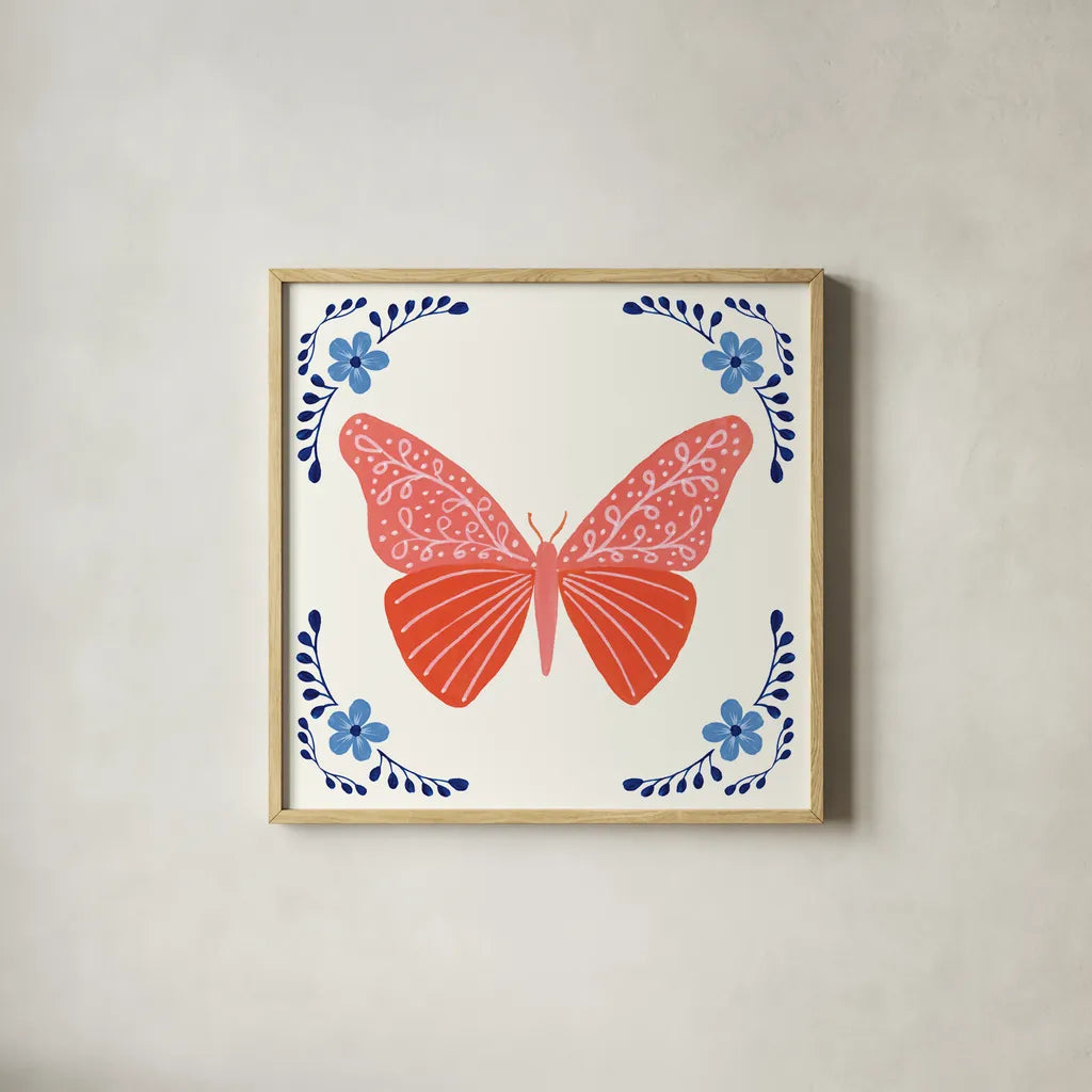 Folk Butterfly VII by Yvette St. Amant. Shown in a natural wood glass frame for a timeless modern aesthetic. Available as an archival giclee rolled canvas, fine art paper, or poster print. SKU 92337a.