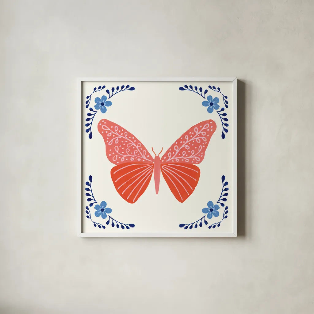Folk Butterfly VII by Yvette St. Amant. Shown in a crisp white glass frame for a clean and minimalist style. Available as an archival giclee rolled canvas, fine art paper, or poster print. SKU 92337a.
