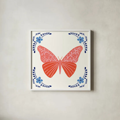 Folk Butterfly VII by Yvette St. Amant. Shown in a crisp white glass frame for a clean and minimalist style. Available as an archival giclee rolled canvas, fine art paper, or poster print. SKU 92337a.