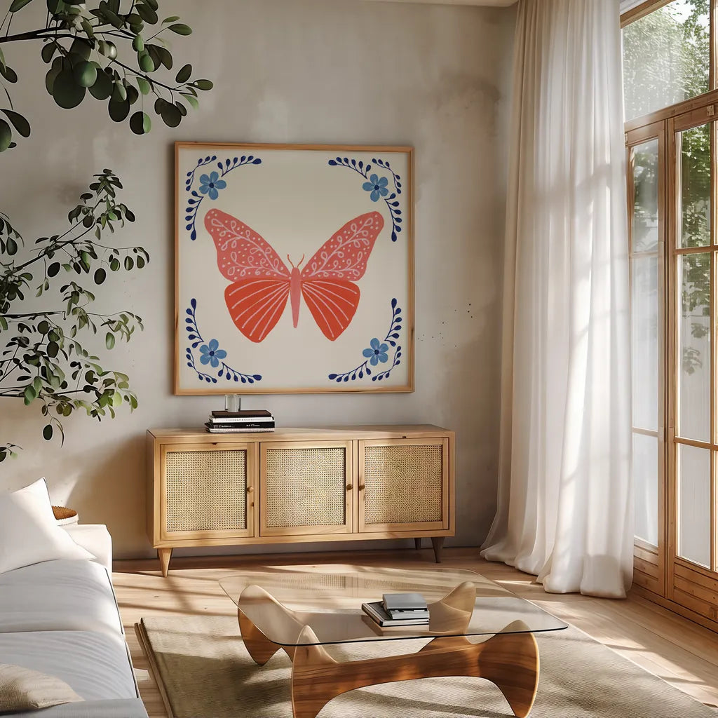 Folk Butterfly VII by Yvette St. Amant. Shown in a natural wood frame in a cozy modern living room. Available as an archival giclee rolled canvas, fine art paper, or poster print. SKU 92337a.
