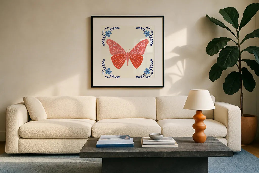 Folk Butterfly VII by Yvette St. Amant. Displayed in a glass frame with matte in a clean modern living room. Available as an archival giclee rolled canvas, fine art paper, or poster print. SKU 92337a.
