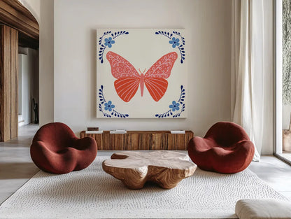 Folk Butterfly VII by Yvette St. Amant. Shown as extra-large giant wall art in a modern living room. Available as an archival giclee rolled canvas, fine art paper, or poster print. SKU 92337a.