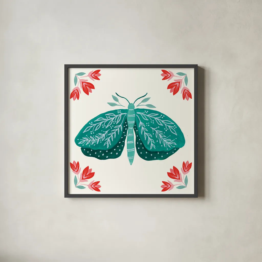 Folk Butterfly VIII by Yvette St. Amant. Shown in a sleek black glass frame for a contemporary gallery look. Available as an archival giclee rolled canvas, fine art paper, or poster print. SKU 92338a.