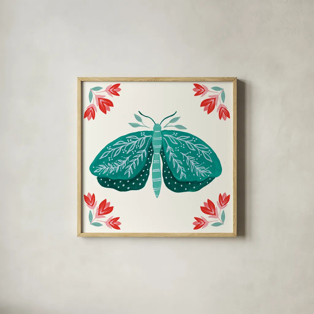 Folk Butterfly VIII by Yvette St. Amant. Shown in a natural wood glass frame for a timeless modern aesthetic. Available as an archival giclee rolled canvas, fine art paper, or poster print. SKU 92338a.