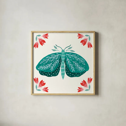 Folk Butterfly VIII by Yvette St. Amant. Shown in a natural wood glass frame for a timeless modern aesthetic. Available as an archival giclee rolled canvas, fine art paper, or poster print. SKU 92338a.