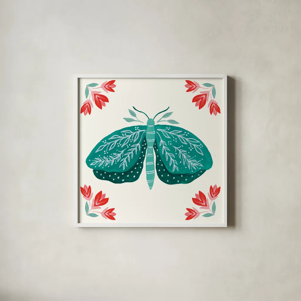 Folk Butterfly VIII by Yvette St. Amant. Shown in a crisp white glass frame for a clean and minimalist style. Available as an archival giclee rolled canvas, fine art paper, or poster print. SKU 92338a.