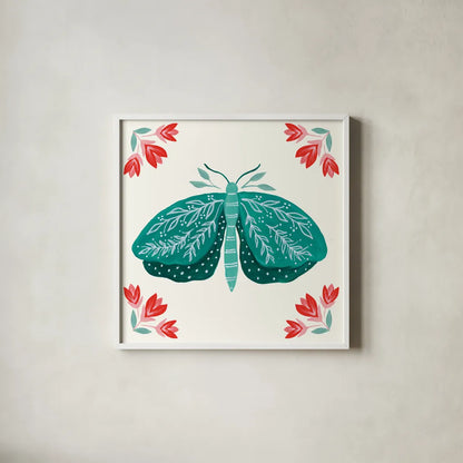 Folk Butterfly VIII by Yvette St. Amant. Shown in a crisp white glass frame for a clean and minimalist style. Available as an archival giclee rolled canvas, fine art paper, or poster print. SKU 92338a.