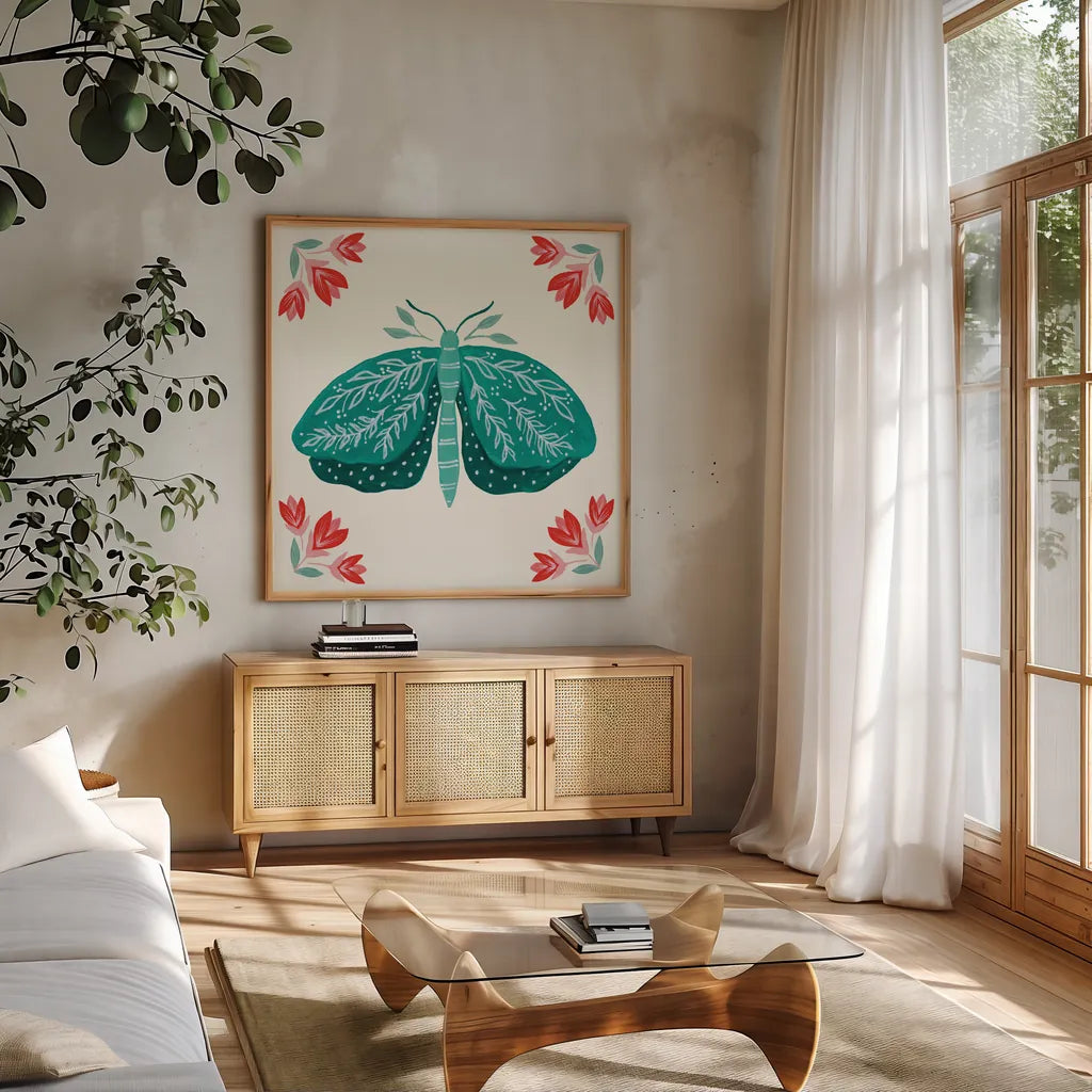 Folk Butterfly VIII by Yvette St. Amant. Shown in a natural wood frame in a cozy modern living room. Available as an archival giclee rolled canvas, fine art paper, or poster print. SKU 92338a.