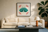 Folk Butterfly VIII by Yvette St. Amant. Displayed in a glass frame with matte in a clean modern living room. Available as an archival giclee rolled canvas, fine art paper, or poster print. SKU 92338a.