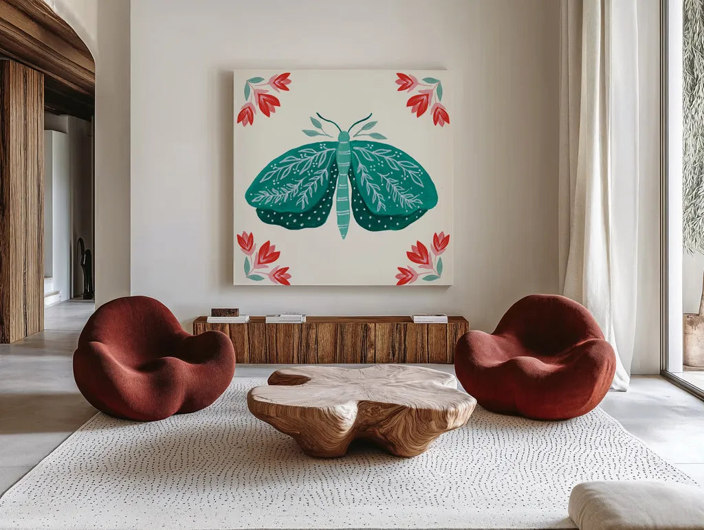 Folk Butterfly VIII by Yvette St. Amant. Shown as extra-large giant wall art in a modern living room. Available as an archival giclee rolled canvas, fine art paper, or poster print. SKU 92338a.