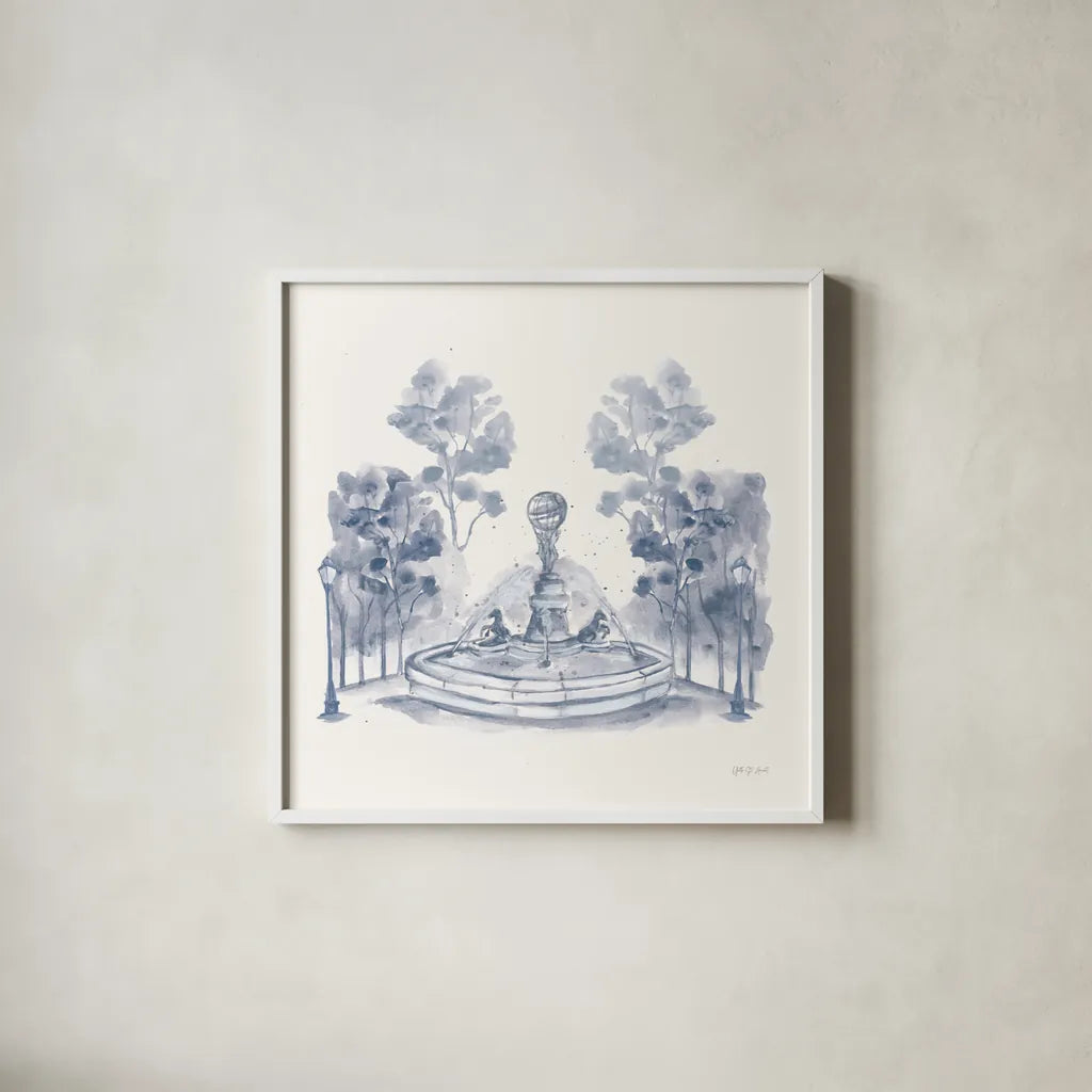 Fontaine Carpeaux by Yvette St. Amant. Shown in a crisp white glass frame for a clean and minimalist style. Available as an archival giclee rolled canvas, fine art paper, or poster print. SKU 94654a.