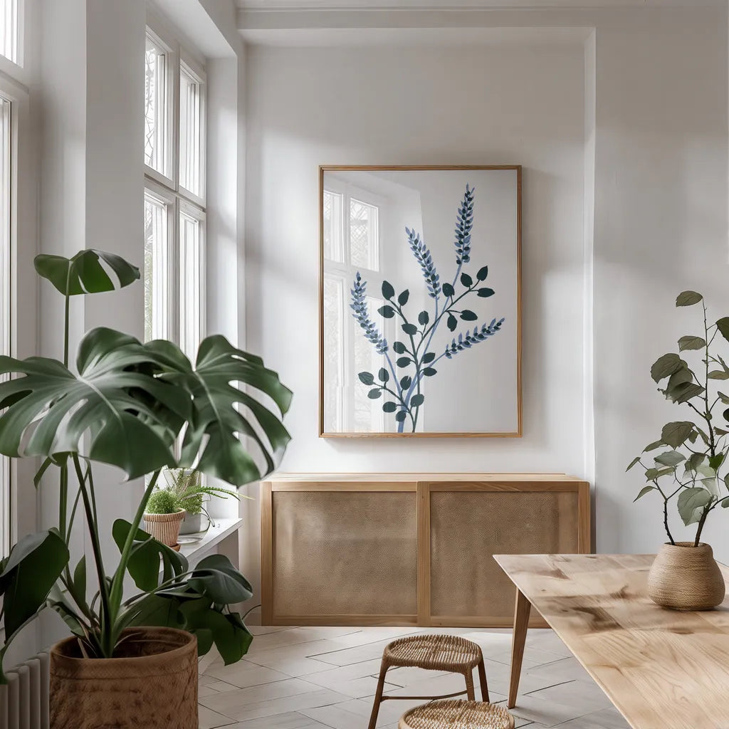 French Country Botanicals I by Yvette St. Amant. shown as a print in a natural wood frame in a dining room. Available as a archival giclee rolled canvas, fine art paper, or poster print. SKU 93603h.