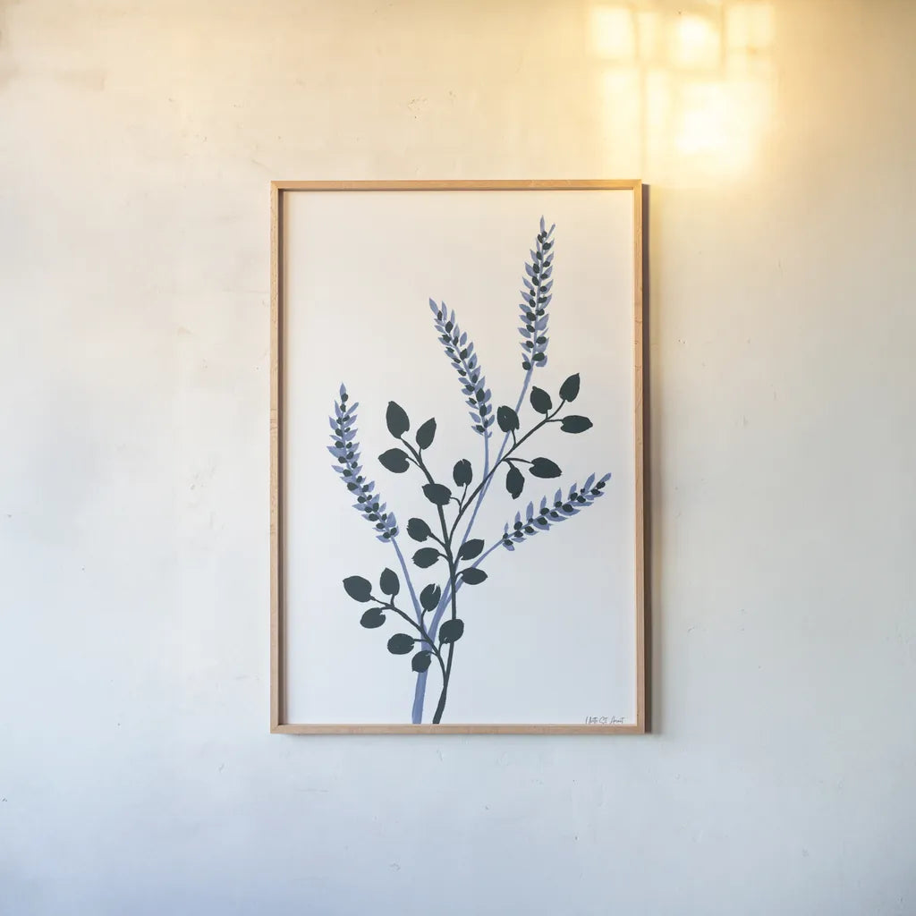 French Country Botanicals I by Yvette St. Amant. shown as a paper print in a natural frame. Available as a archival giclee rolled canvas, fine art paper, or poster print. SKU 93603h.