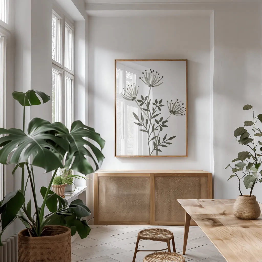 French Country Botanicals Neutral II by Yvette St. Amant. shown as a print in a natural wood frame in a dining room. Available as a archival giclee rolled canvas, fine art paper, or poster print. SKU 93718h.