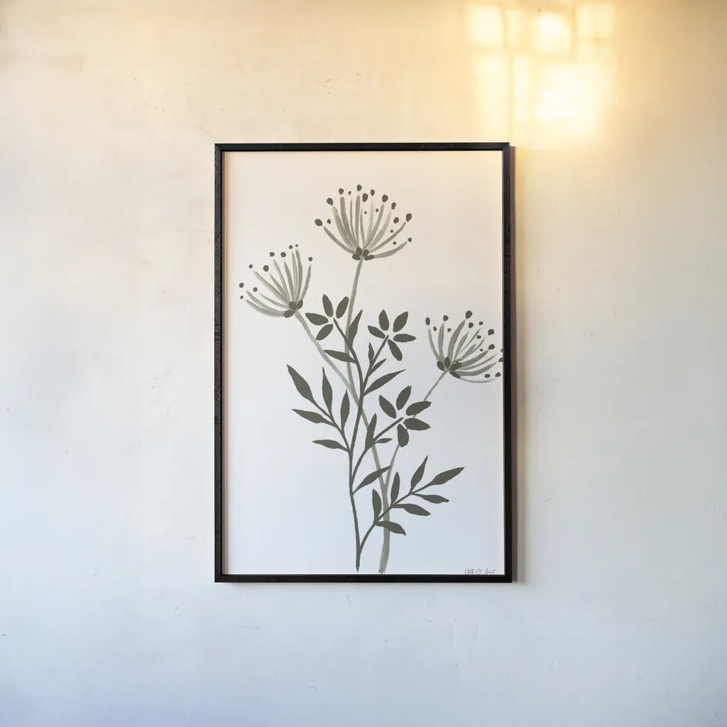 French Country Botanicals Neutral II by Yvette St. Amant. shown as a paper print in a black flame. Available as a archival giclee rolled canvas, fine art paper, or poster print. SKU 93718h.