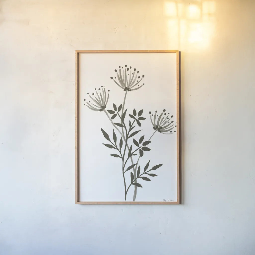 French Country Botanicals Neutral II by Yvette St. Amant. shown as a paper print in a natural frame. Available as a archival giclee rolled canvas, fine art paper, or poster print. SKU 93718h.