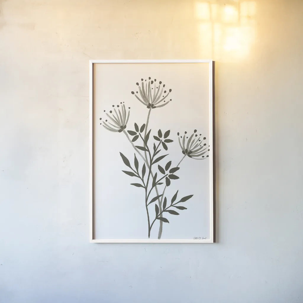 French Country Botanicals Neutral II by Yvette St. Amant. shown as a paper print in a white frame. Available as a archival giclee rolled canvas, fine art paper, or poster print. SKU 93718h.