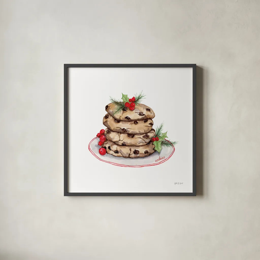 Frosted Traditions I by Yvette St. Amant. Shown in a sleek black glass frame for a contemporary gallery look. Available as an archival giclee rolled canvas, fine art paper, or poster print. SKU 101603a.