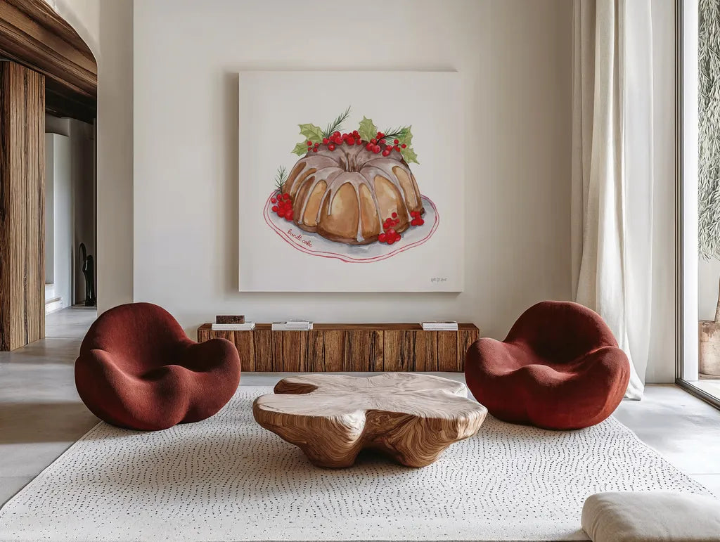 Frosted Traditions III by Yvette St. Amant. Shown as extra-large giant wall art in a modern living room. Available as an archival giclee rolled canvas, fine art paper, or poster print. SKU 101605a.