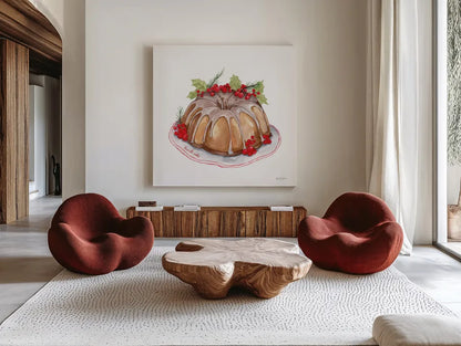 Frosted Traditions III by Yvette St. Amant. Shown as extra-large giant wall art in a modern living room. Available as an archival giclee rolled canvas, fine art paper, or poster print. SKU 101605a.