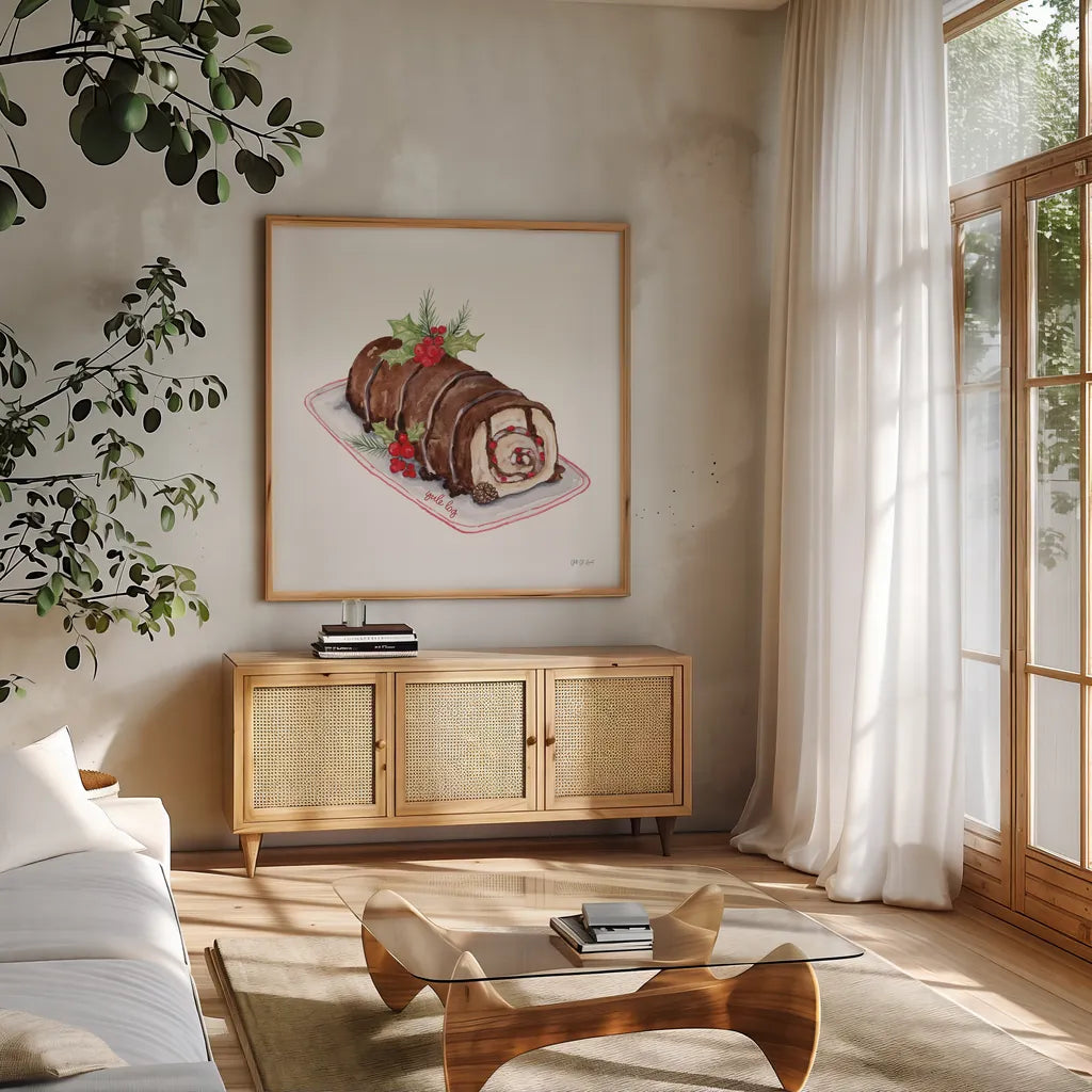 Frosted Traditions V by Yvette St. Amant. Shown in a natural wood frame in a cozy modern living room. Available as an archival giclee rolled canvas, fine art paper, or poster print. SKU 101607a.