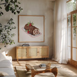 Frosted Traditions V by Yvette St. Amant. Shown in a natural wood frame in a cozy modern living room. Available as an archival giclee rolled canvas, fine art paper, or poster print. SKU 101607a.