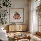 Frosted Traditions VI by Yvette St. Amant. Shown in a natural wood frame in a cozy modern living room. Available as an archival giclee rolled canvas, fine art paper, or poster print. SKU 101608a.