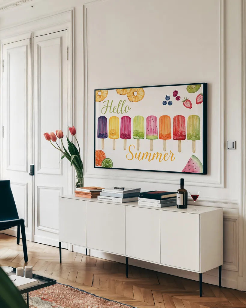 Fruity Popsicles I by Yvette St. Amant. shown as a framed stretched canvas in a living room above a console. Available as a archival giclee rolled canvas, fine art paper, or poster print. SKU 93508i.