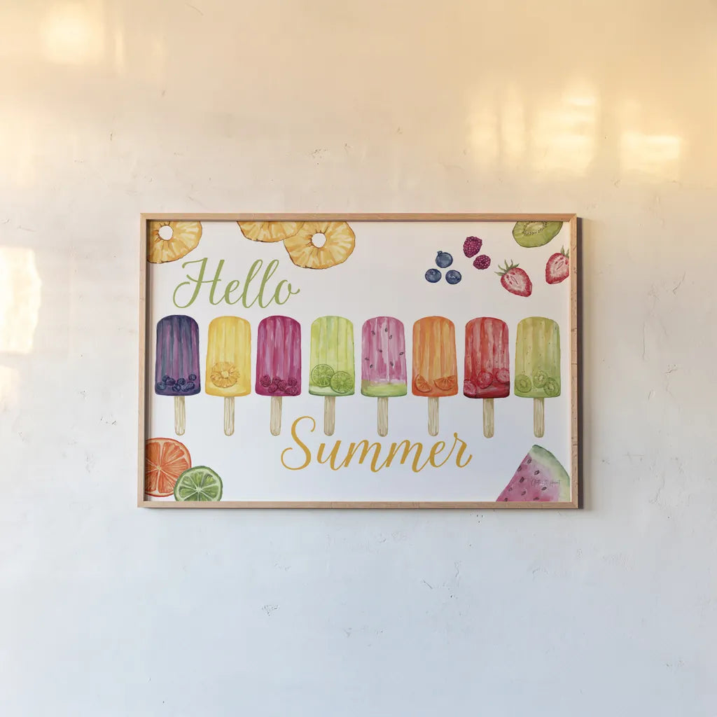 Fruity Popsicles I by Yvette St. Amant. shown as a paper print in a natural frame. Available as a archival giclee rolled canvas, fine art paper, or poster print. SKU 93508i.