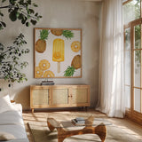 Fruity Popsicles II by Yvette St. Amant. Shown in a natural wood frame in a cozy modern living room. Available as an archival giclee rolled canvas, fine art paper, or poster print. SKU 93509a.