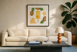 Fruity Popsicles II by Yvette St. Amant. Displayed in a glass frame with matte in a clean modern living room. Available as an archival giclee rolled canvas, fine art paper, or poster print. SKU 93509a.