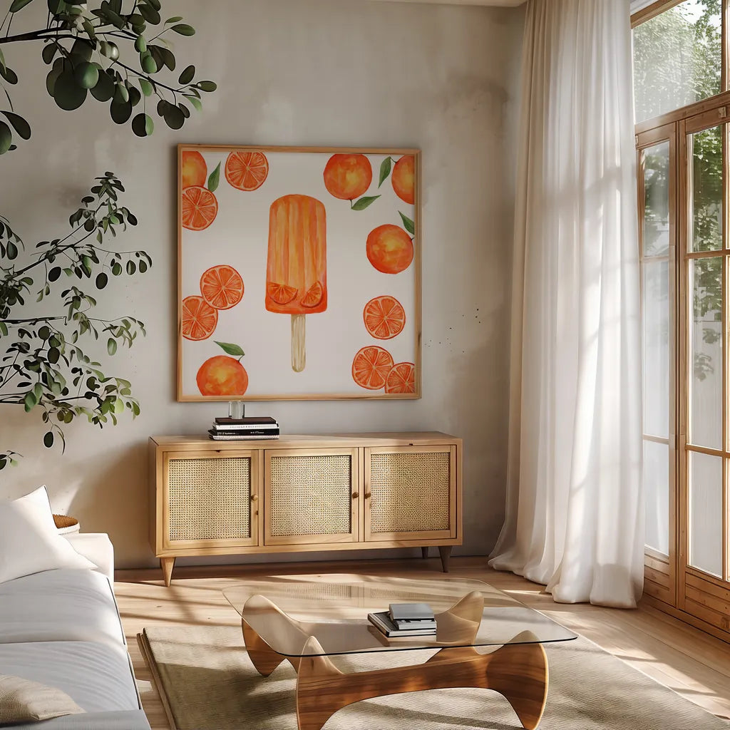 Fruity Popsicles III by Yvette St. Amant. Shown in a natural wood frame in a cozy modern living room. Available as an archival giclee rolled canvas, fine art paper, or poster print. SKU 93510a.