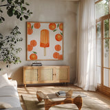 Fruity Popsicles III by Yvette St. Amant. Shown in a natural wood frame in a cozy modern living room. Available as an archival giclee rolled canvas, fine art paper, or poster print. SKU 93510a.