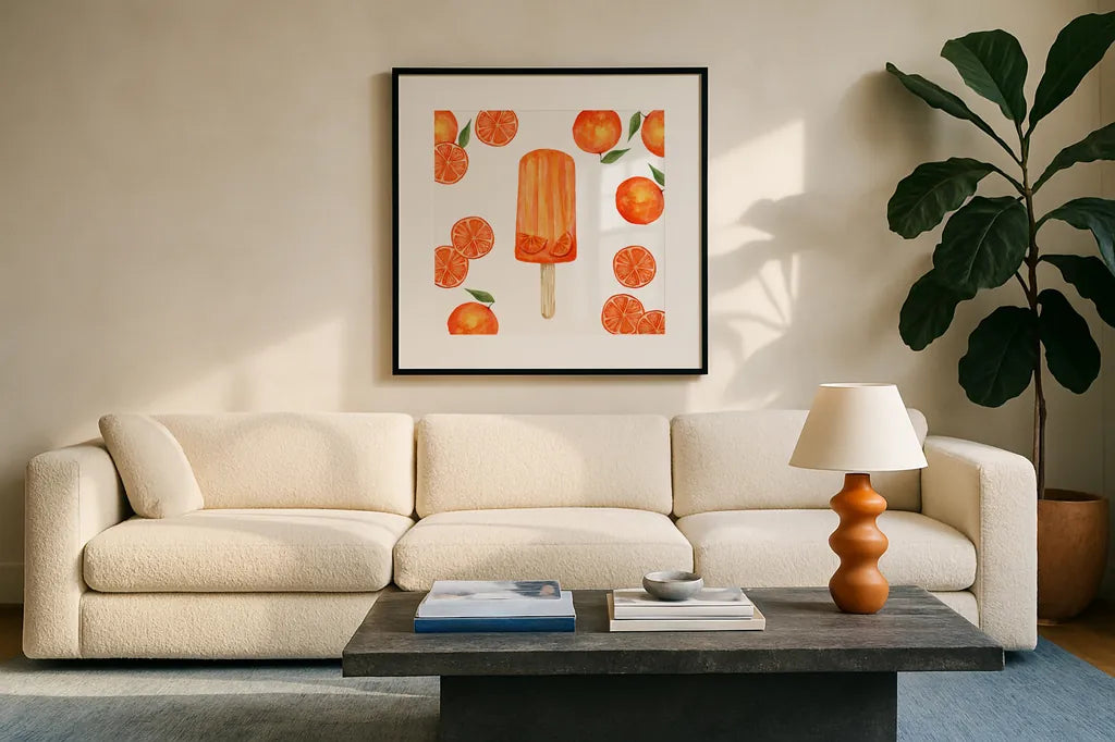 Fruity Popsicles III by Yvette St. Amant. Displayed in a glass frame with matte in a clean modern living room. Available as an archival giclee rolled canvas, fine art paper, or poster print. SKU 93510a.