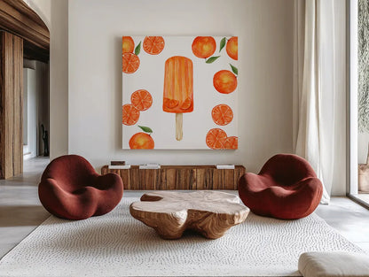 Fruity Popsicles III by Yvette St. Amant. Shown as extra-large giant wall art in a modern living room. Available as an archival giclee rolled canvas, fine art paper, or poster print. SKU 93510a.