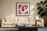 Fruity Popsicles IX by Yvette St. Amant. Displayed in a glass frame with matte in a clean modern living room. Available as an archival giclee rolled canvas, fine art paper, or poster print. SKU 93516a.