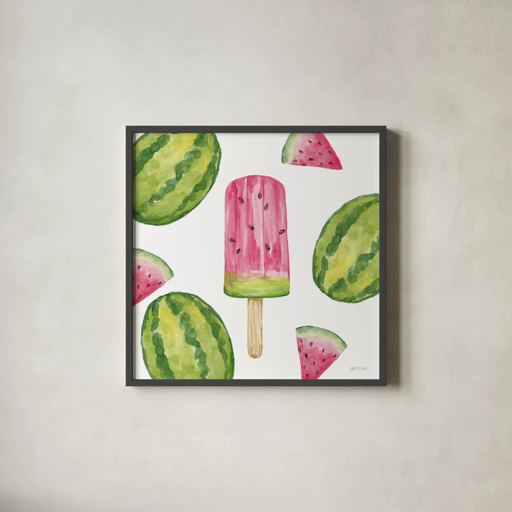 Fruity Popsicles VII by Yvette St. Amant. Shown in a sleek black glass frame for a contemporary gallery look. Available as an archival giclee rolled canvas, fine art paper, or poster print. SKU 93514a.
