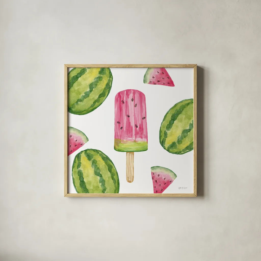 Fruity Popsicles VII by Yvette St. Amant. Shown in a natural wood glass frame for a timeless modern aesthetic. Available as an archival giclee rolled canvas, fine art paper, or poster print. SKU 93514a.