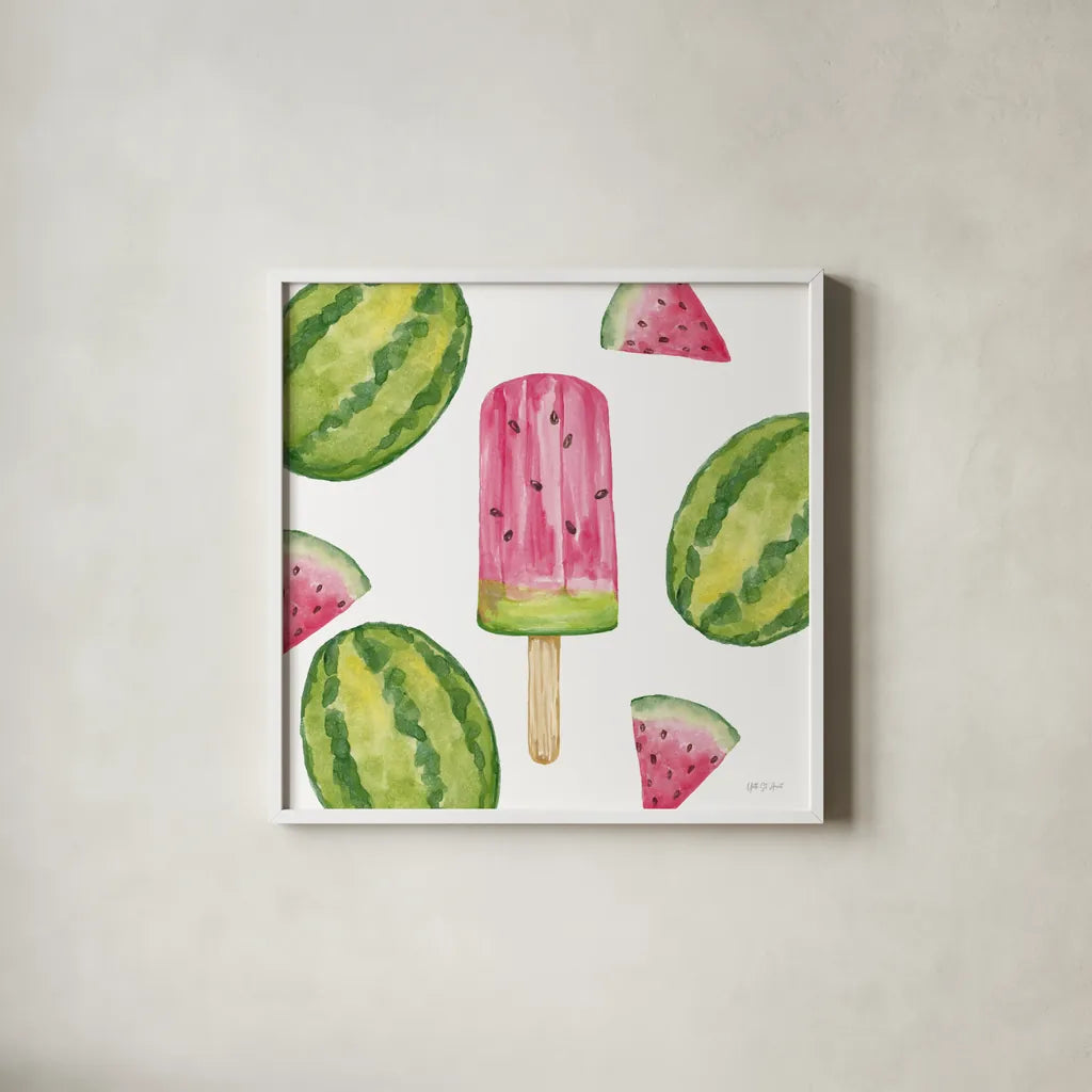 Fruity Popsicles VII by Yvette St. Amant. Shown in a crisp white glass frame for a clean and minimalist style. Available as an archival giclee rolled canvas, fine art paper, or poster print. SKU 93514a.