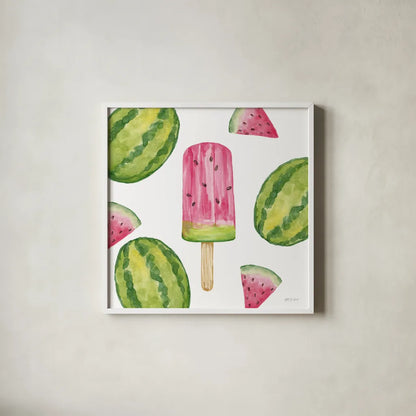 Fruity Popsicles VII by Yvette St. Amant. Shown in a crisp white glass frame for a clean and minimalist style. Available as an archival giclee rolled canvas, fine art paper, or poster print. SKU 93514a.
