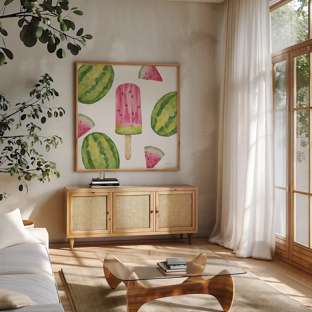 Fruity Popsicles VII by Yvette St. Amant. Shown in a natural wood frame in a cozy modern living room. Available as an archival giclee rolled canvas, fine art paper, or poster print. SKU 93514a.