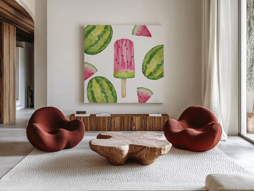 Fruity Popsicles VII by Yvette St. Amant. Shown as extra-large giant wall art in a modern living room. Available as an archival giclee rolled canvas, fine art paper, or poster print. SKU 93514a.