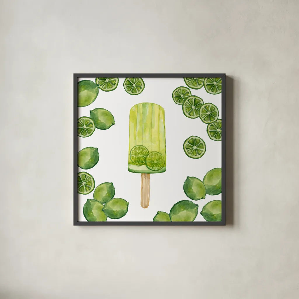 Fruity Popsicles VIII by Yvette St. Amant. Shown in a sleek black glass frame for a contemporary gallery look. Available as an archival giclee rolled canvas, fine art paper, or poster print. SKU 93515a.